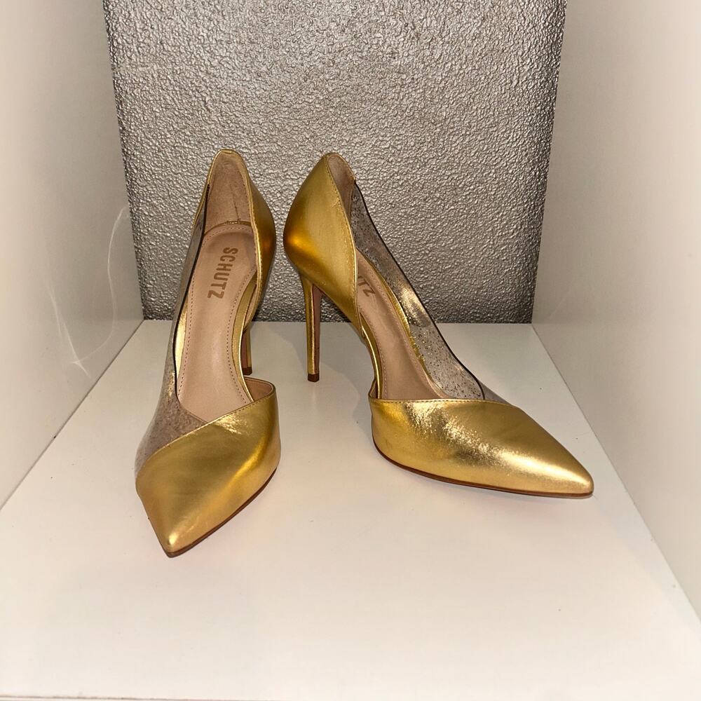 Schutz Cyndi Ann Gold & Glitter Chelsie Glam Disco Up Town Old Money Pump